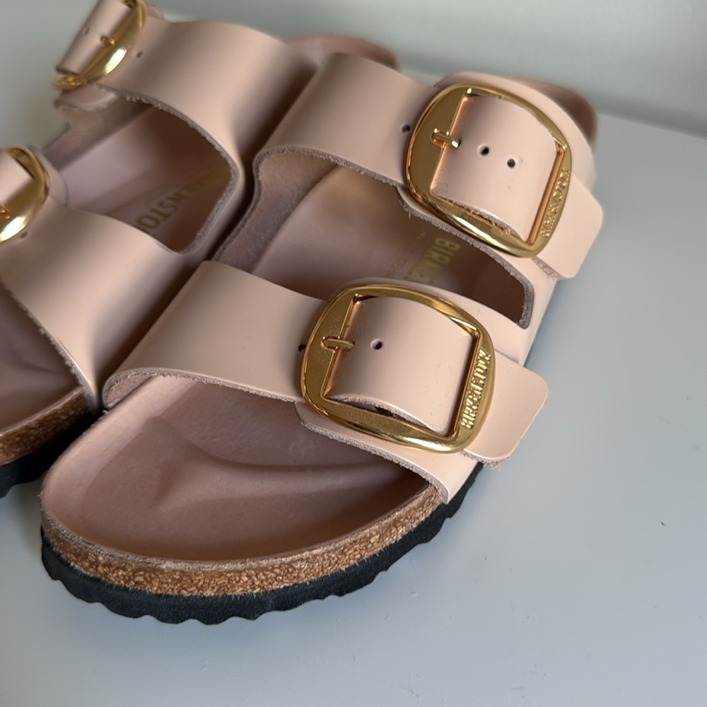 BIRKENSTOCK Arizona Big Buckle High Shine Leather Slide Sandals Nude 39 8-8.5 - Picture 12 of 16